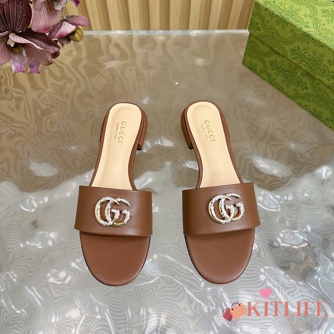 Kitlife Gucci Double G Diamond Buckle Flat Slippers Brown Leather - 1