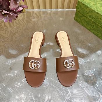 Kitlife Gucci Double G Diamond Buckle Flat Slippers Brown Leather