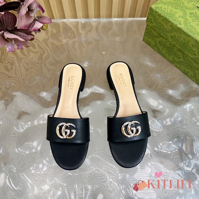 Kitlife Gucci Double G Diamond Buckle Flat Slippers Black Leather - 1