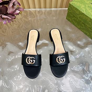Kitlife Gucci Double G Diamond Buckle Flat Slippers Black Leather