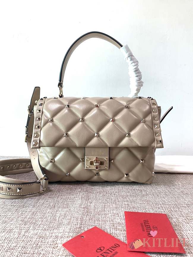 Kitlife Valentino Candy Stud Top Handle Bag Beige 23×11×17cm - 1