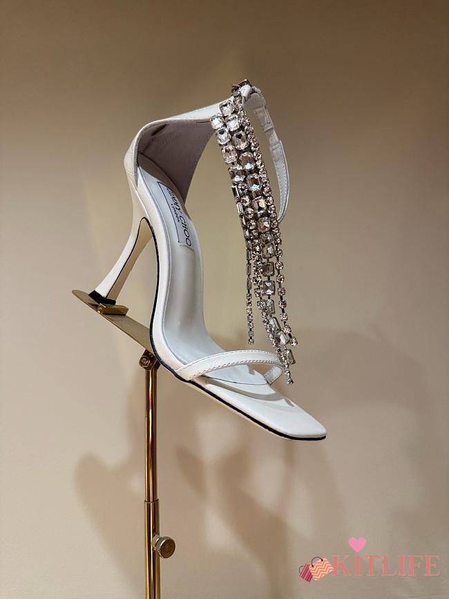 Kitlife Jimmy Choo classic diamond chain pointed crystal high-heel sandals white - 1