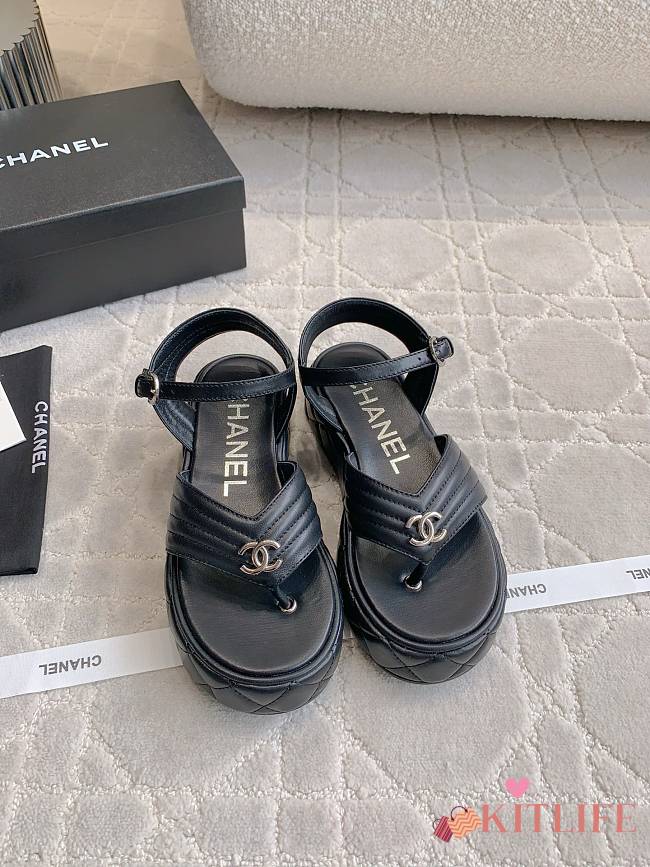 Kitlife Chanel Toe-clip Thick-soled Sandals Black - 1