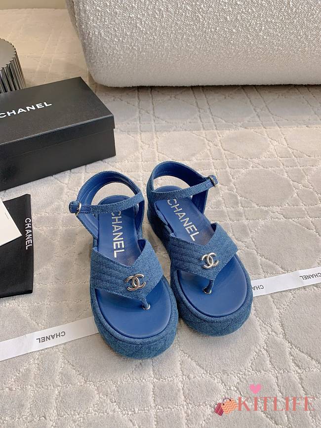 Kitlife Chanel Toe-clip Thick-soled Sandals Blue Denim - 1