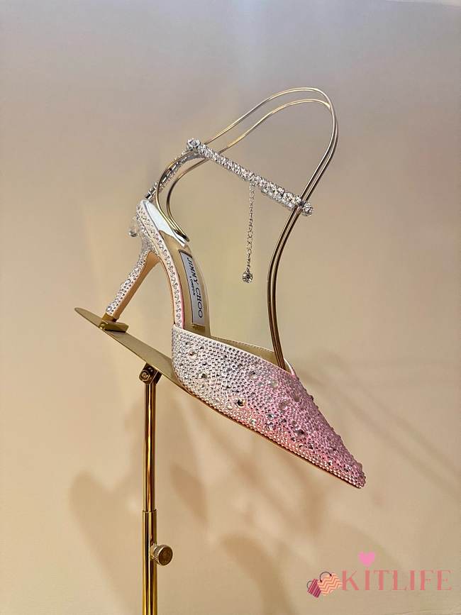 Kitlife Jimmy Choo Saeda 100mm Crystal-embellished Pumps Pink & White - 1