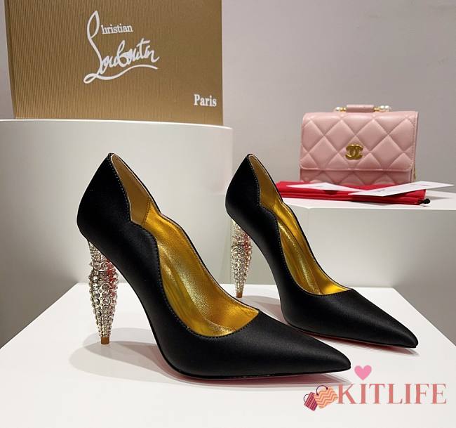 Kitlife Christian Louboutin Silver Silk Crystal Lipstick High Heels Black - 1