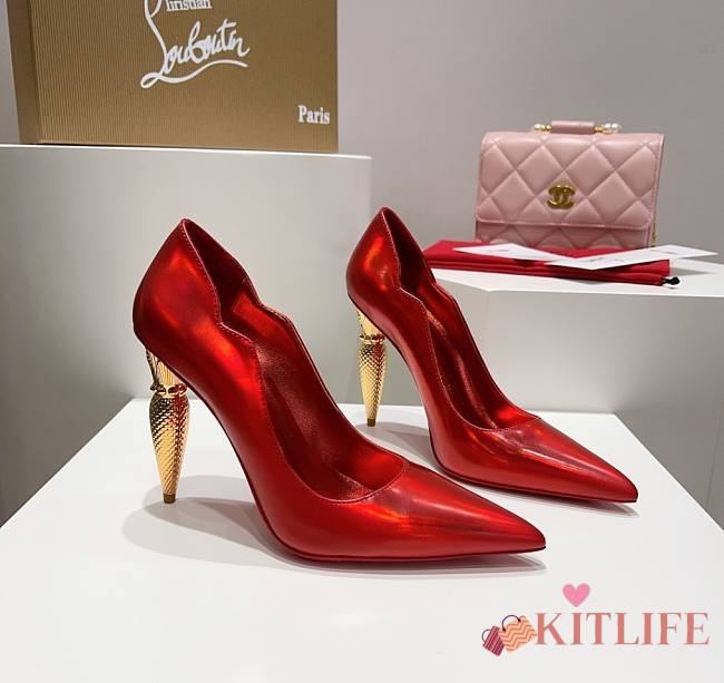 Kitlife Christian Louboutin Gold Silk Crystal Lipstick High Heels Red - 1