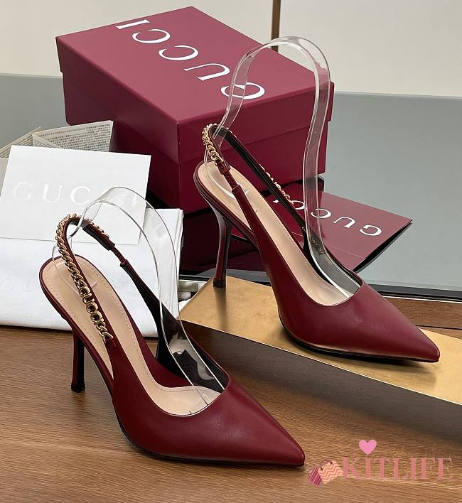 Kitlife Gucci Letter Buckle Chain High-heeled Sandals Burgundy - 1