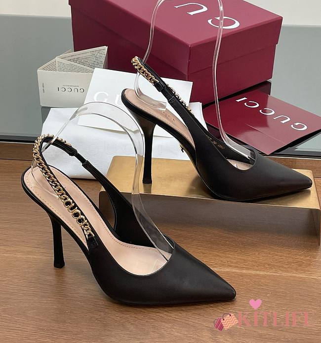Kitlife Gucci Letter Buckle Chain High-heeled Sandals Black - 1