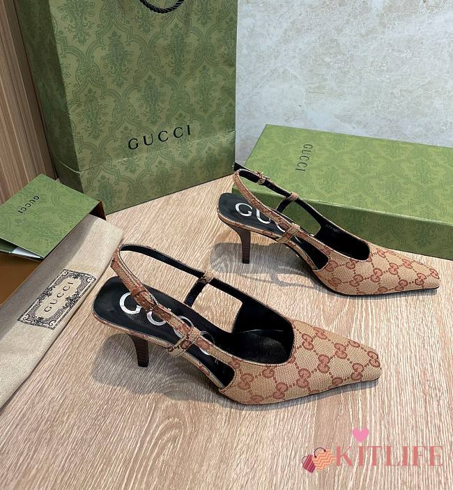 Kitlife Gucci GG Pointed Toe Slingback Pumps Dark Brown & Beige - 1
