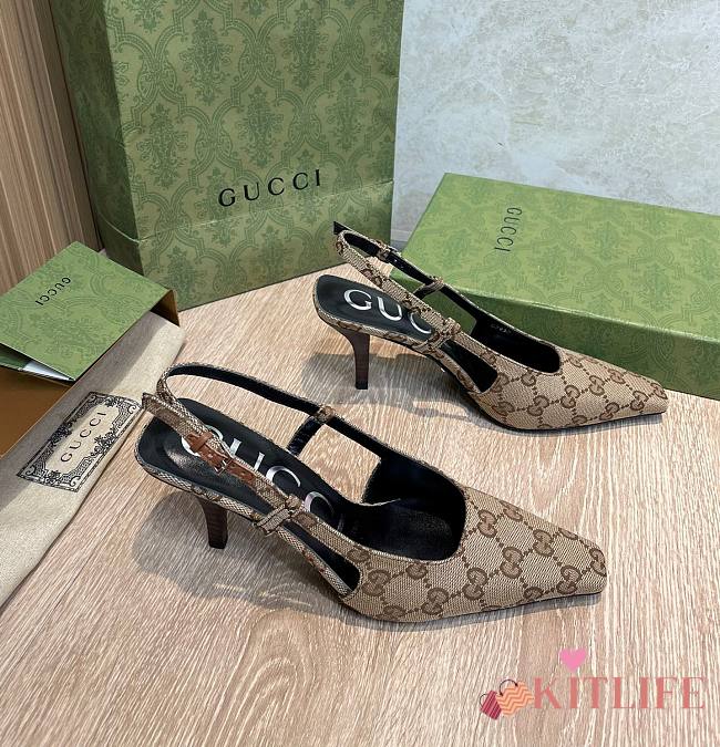 Kitlife Gucci GG Pointed Toe Slingback Pumps Brown & Beige - 1