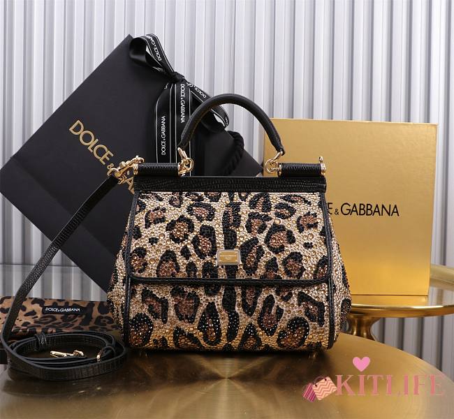 Kitlife Dolce & Gabbana Leopard Rhinestone Sicily Shoulder Bag 20x16x8cm - 1
