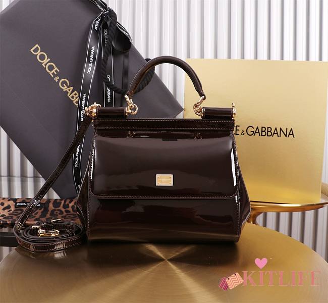 Kitlife Dolce & Gabbana Dark Brown Patent Leather Sicily Bag 20x16x8cm - 1