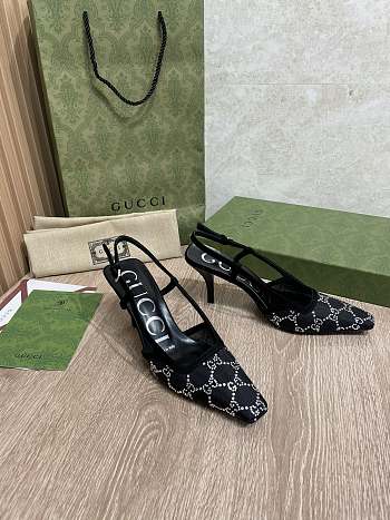 Kilife Gucci GG Slingback 75mm Pump Black Moire Fabric GG Crytsal Applique