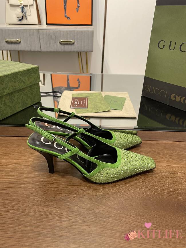 Kitlife Gucci GG Slingback 75mm Pump Green Moire Fabric GG Crytsal Applique - 1