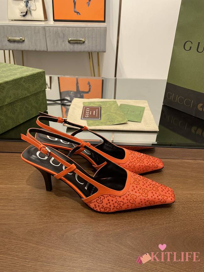 Kitlife Gucci GG Slingback 75mm Pump Organe Moire Fabric GG Crytsal Applique - 1