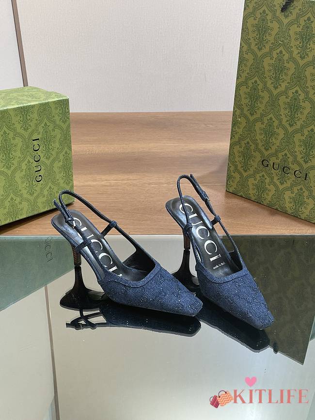 Kitlife Gucci GG Slingback 75mm Pump Dark Blue Moire Fabric GG Crytsal Applique - 1