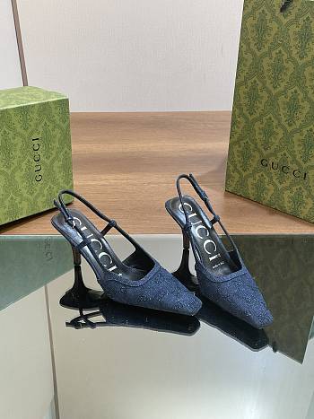 Kitlife Gucci GG Slingback 75mm Pump Dark Blue Moire Fabric GG Crytsal Applique