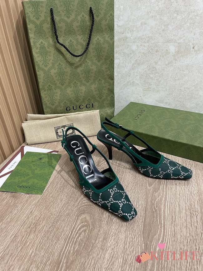 Kilife Gucci GG Crystal Lace Mesh Fabric Pumps Green - 1