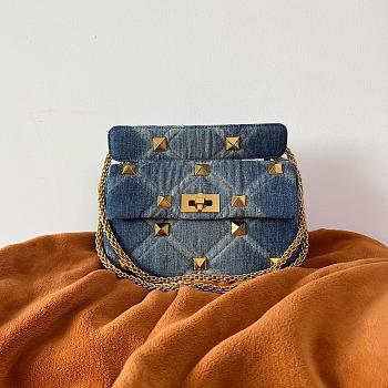 Kitlife Valentino Garavani Roman Stud Large Rivet Denim Chain Shoulder Bag 25x16x10cm