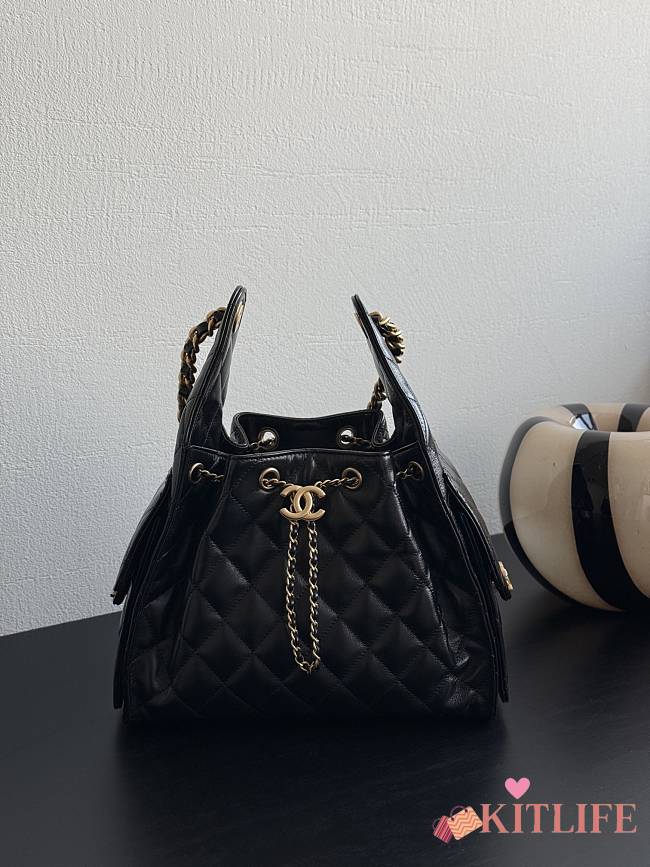Kitlife Chanel 25C Drawstring Bucket Hobo Bag Black Leather 30×26×14cm - 1