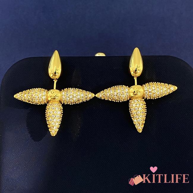Kitlife Louis Vuitton Cross Flower Diamond Stud Earrings Gold - 1
