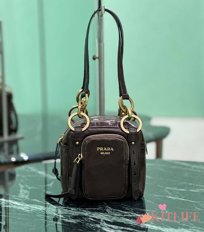 Kitlife Prada Dangle Leather Mini Top-handle Bag In Dark Brown 1BB137 14x14x13.5cm - 1