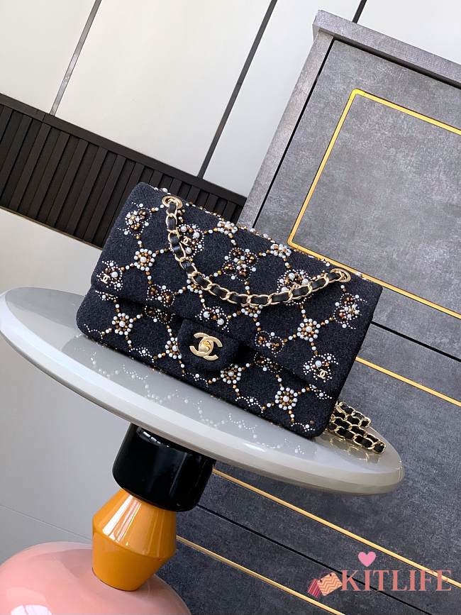 Kitlife Chanel Pearl Strass Crystal CC Classic Double Flap Bag in Grey Wool Twill Black 25cm  - 1