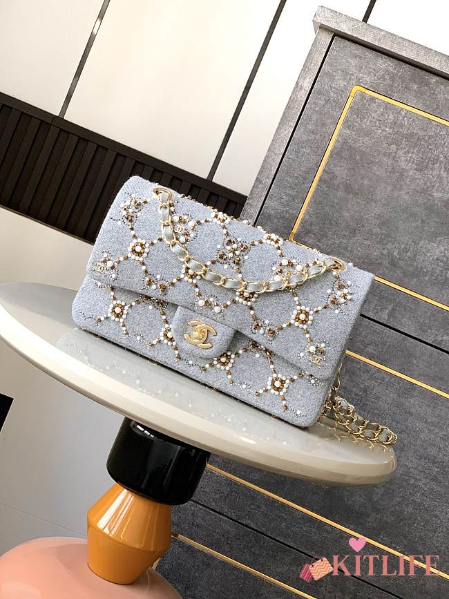 Kitlife Chanel Pearl Strass Crystal CC Classic Double Flap Bag in Grey Wool Twill Grey 25cm - 1
