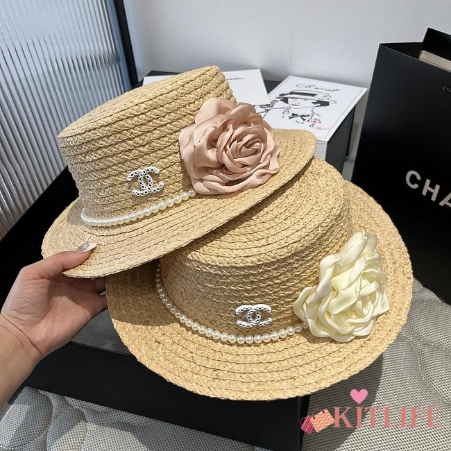 Kitlfie Chanel Raffia hat With White / Pink Camellia - 1