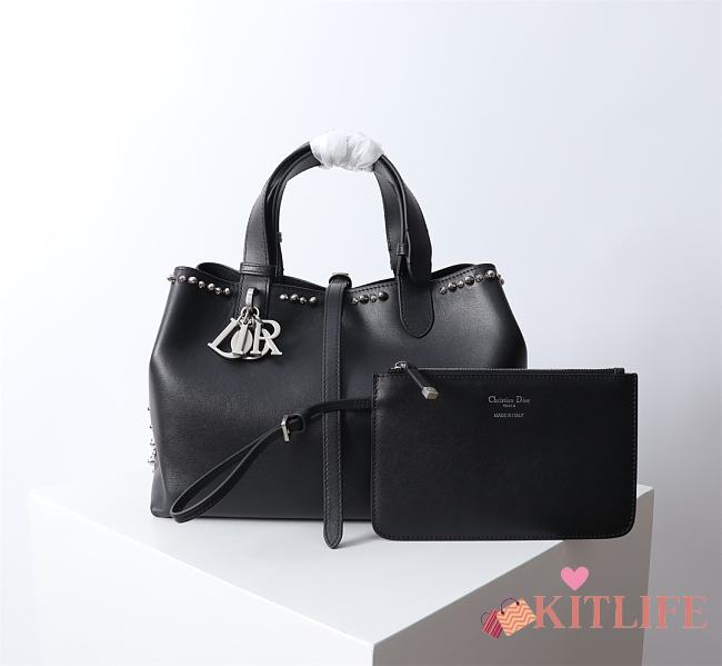 Kitlife Dior Toujours Bag Black Cannage Calfskin with Silver-Finish Studs and White Resin Pearls 28.5x21.5x17cm - 1