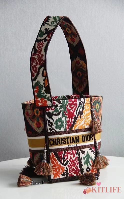 Kitlife Dior D-Bubble Bucket Bag Orange Multicolor Dior Paisley Embroidery 16x25x16cm - 1
