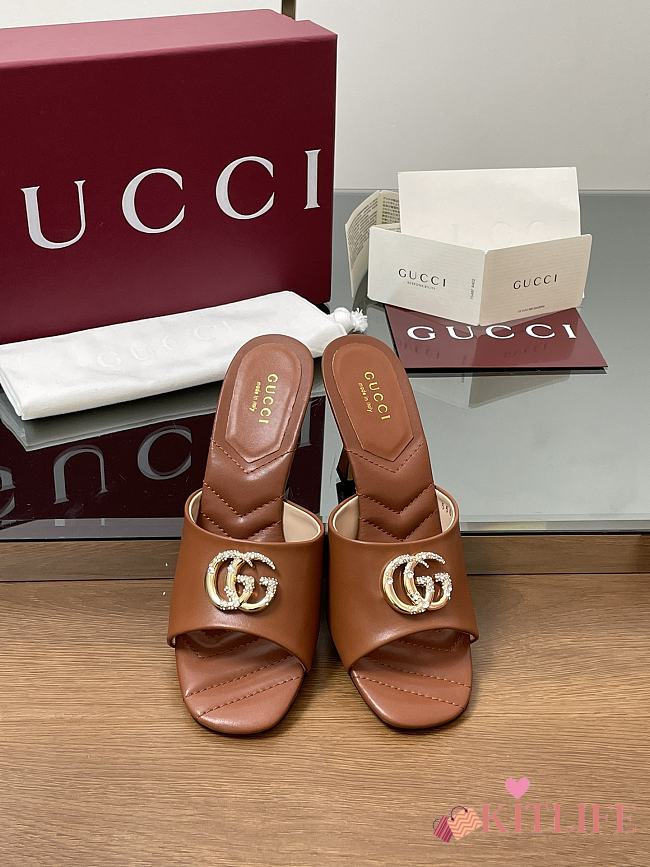 Kitlife Gucci Crystal Gold Buckle Mule in Brown 75mm - 1