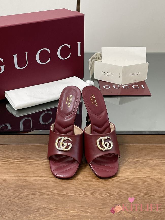 Kitlife Gucci Crystal Gold Buckle Mule in Burgundy 75mm - 1