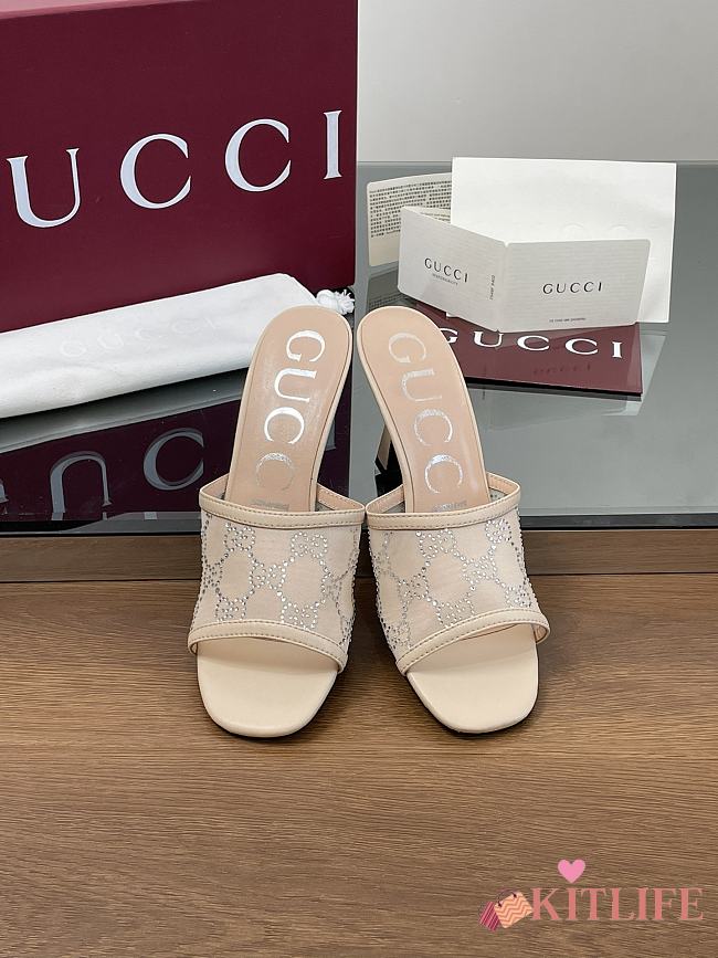 Kitlife Gucci Demi Leather-trimmed Crystal-embellished Mesh Mules Beige 75mm - 1