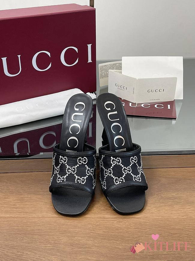 Kitlife Gucci Demi Leather-trimmed Crystal-embellished Mesh Mules Black 75mm - 1