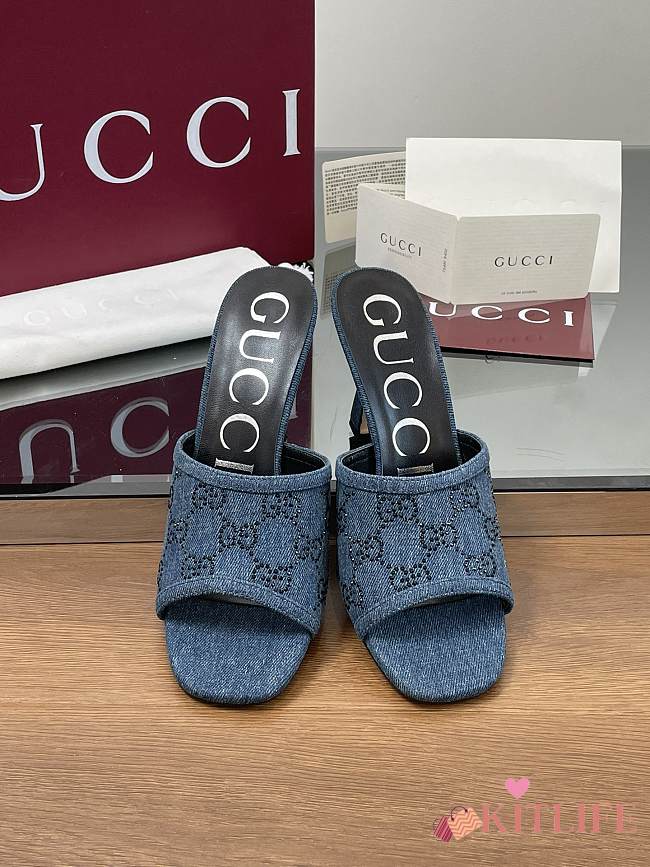 Kitlife Gucci Crystal-embellished Dark Blue Moire Fabric GG Crytsal Applique - 1