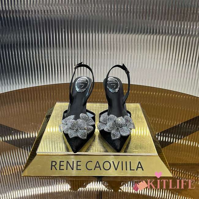 Kitlife Rene Caovilla Flower-studded Diamond High-heeled Sandals Black 75mm - 1