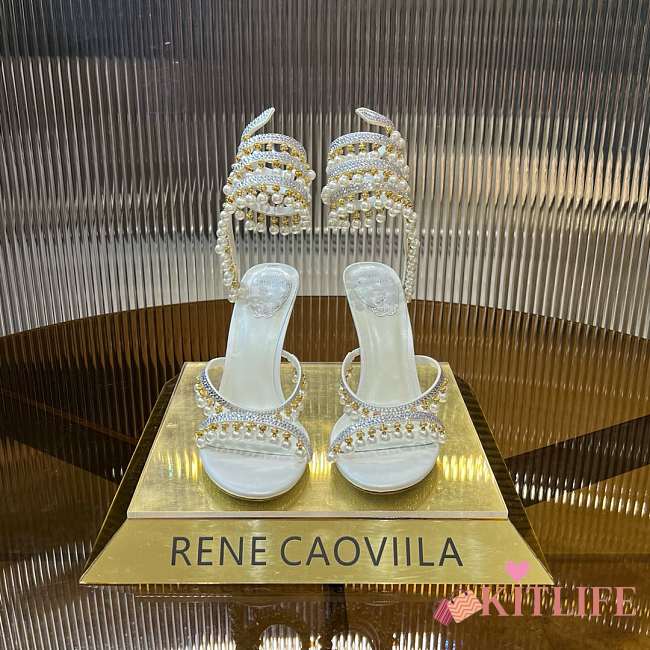 Kitlife Rene Caovilla Gold Buckle Pearl Crystal Pendant Sandals White 95mm - 1