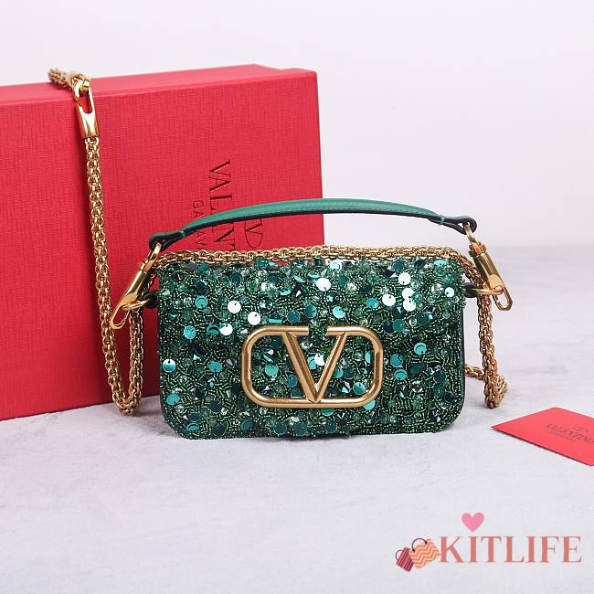 Kitlife Valentino Garavani Mini Loco 3D Embroidered Swarovski Crystal Bag Green 20x10.5x5cm - 1
