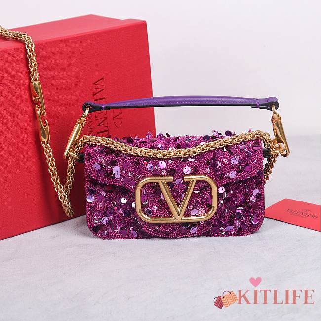 Kitlife Valentino Garavani Mini Loco 3D Embroidered Swarovski Crystal Bag Purple 20x10.5x5cm - 1