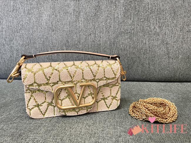 Kitlife Valentino VLogo Signature Beaded Calfskin Shoulder Bag Beige 20x11x5cm - 1