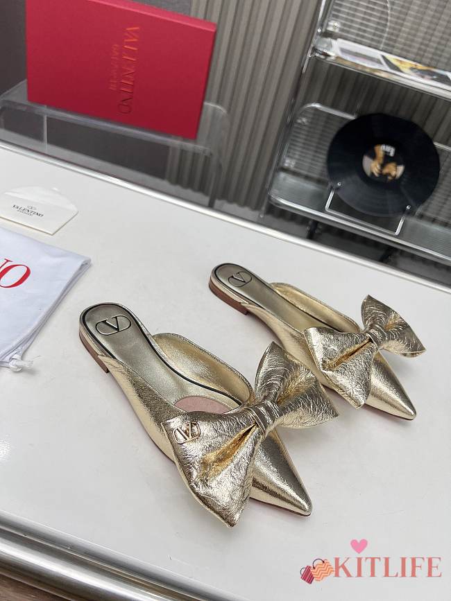 Kitlife Valentino Garavani Bow Satin Mules Gold - 1