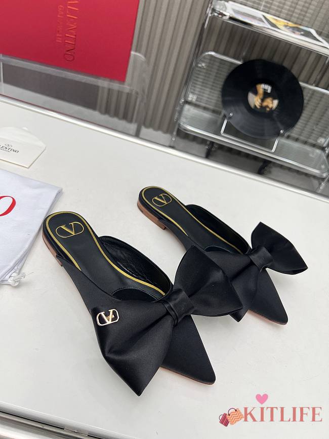 Kitlife Valentino Garavani Bow Satin Mules Black - 1