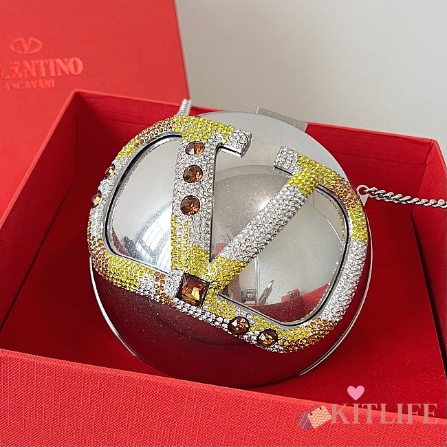 Kitlife Valentino Vlogo Signature Metal And Rhinestone Minaudiere Silver 12x12cm - 1