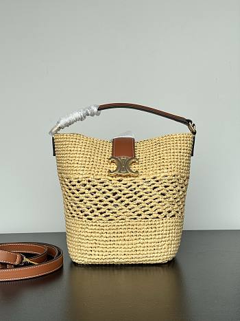 Kitlife Celine Small Louise Bucket In Raffia Aand Calfskin in Natural / Tan 119742 16x19x12cm