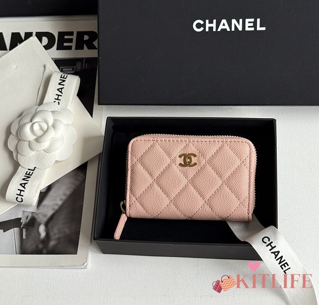 Kitlife Chanel Classic Quilted Zip Coin Purse Pink 7.5x11x2cm - 1