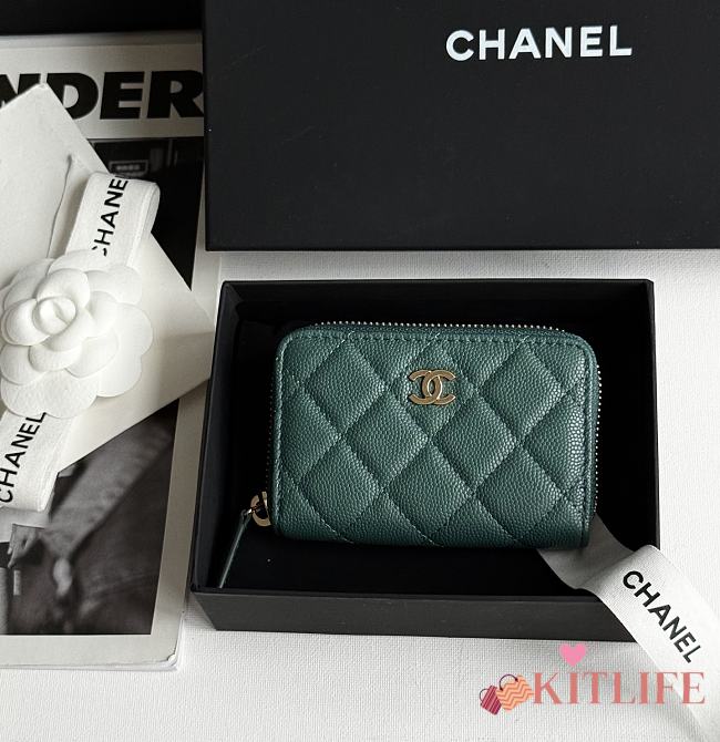 Kitlife Chanel Classic Quilted Zip Coin Purse Green 7.5x11x2cm - 1