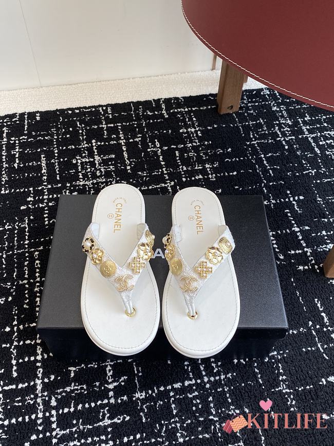 Kitlife Chanel White Thongs Tweed & Metal - 1