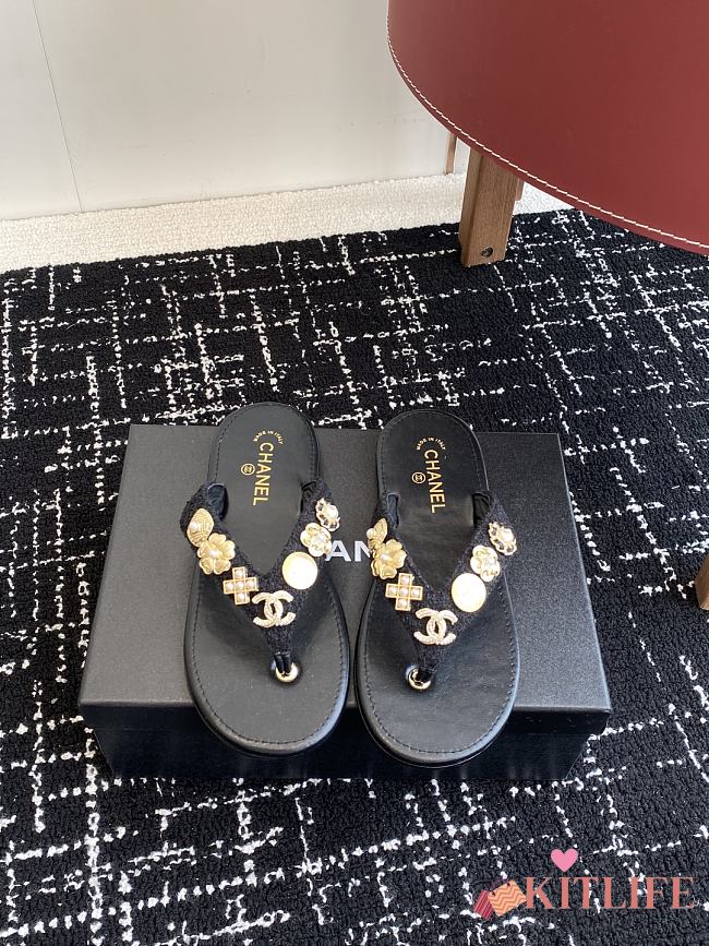 Kitlife Chanel Black Thongs Tweed & Metal - 1